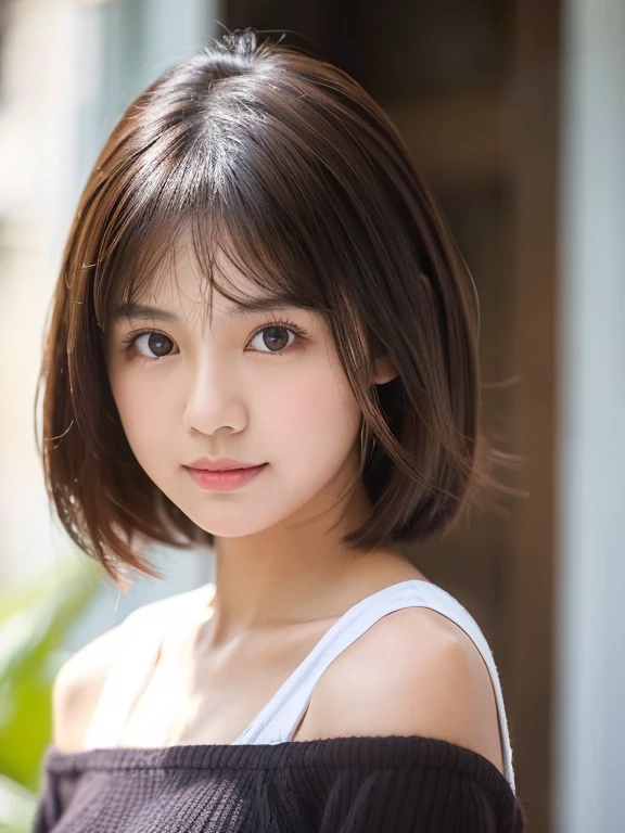Cute Indonesian girl with white skin and small lips, a shoulder-short dark brown hair and brown eyes