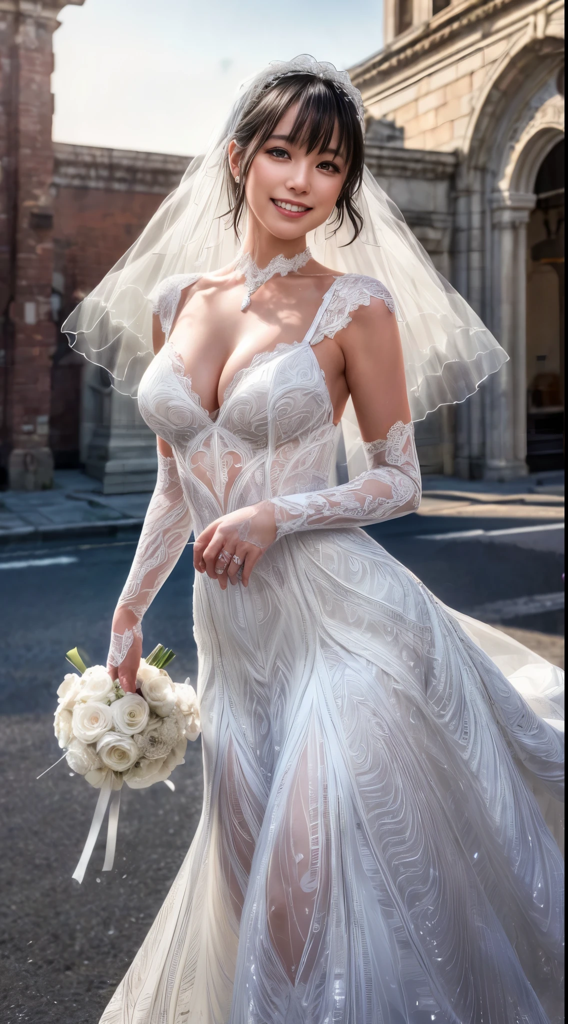 Cowboy Shot、(((smile)))、The wind is blowing、In front of the church、sunny、sunny、Confetti、Messy Bowl Cut Hair with Bangs、Black Hair、(((bride)))、((White Wedding Dress))、((Wedding Style))、(((Congratulations on your marriage)))、highest quality,(RAW Photos:1.2)、(Realistic:1.4),(High resolution:1.4), 1 girl, Depth of written border,, Exquisitely crafted,8k, Very detailed, Perfect lighting, Spectacular backdrop、((Delicate painting)),(の詳細なRAW Photos),(highest quality:1.6), (超High resolution:1.5), (Realistic:1.75), 8k resolution, Canon EOS R5, 50mm, Very detailed,Cinema Lighting,Lace gloves、((nsfw:1.1))、Bra is visible、The dress is falling down
