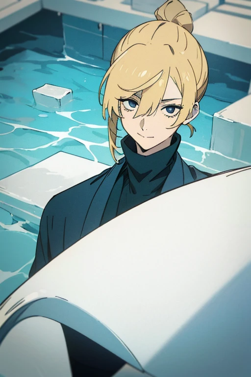 1 man with blond hair ((two long strands of hair on the sides of his face)) in the middle of the bangs, the strand is black, short hair. hair tied up in a bun behind. black eyes. big blue coat, white t-shirt, black turtleneck, black jeans, solo. sly smile, narrow eyes
Located in an aquarium full of water. Located in a cube. View from above. Shards. Water. Tile. Empty space