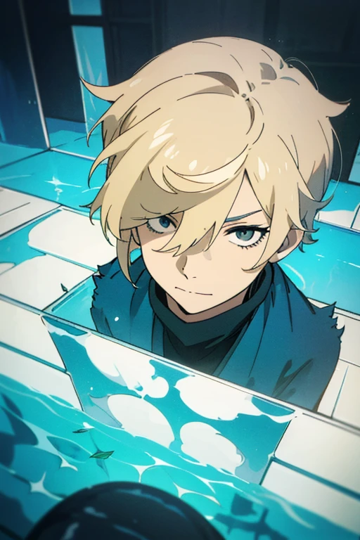 1 man with blond hair ((two long strands of hair on the sides of his face)) in the middle of the bangs, the strand is black, short hair. hair tied up in a bun behind. black eyes. big blue coat, white t-shirt, black turtleneck, black jeans, solo. sly smile, narrow eyes
Located in an aquarium full of water. Located in a cube. View from above. Shards. Water. Tile. Empty space