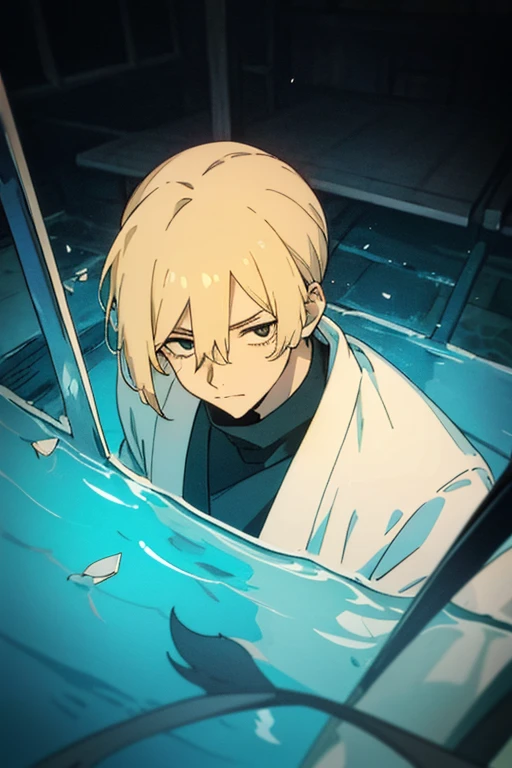 1 man with blond hair ((two long strands of hair on the sides of his face)) in the middle of the bangs, the strand is black, short hair. hair tied up in a bun behind. black eyes. big blue coat, white t-shirt, black turtleneck, black jeans, solo. sly smile, narrow eyes
Located in an aquarium full of water. Located in a cube. View from above. Shards. Water. Tile. Empty space