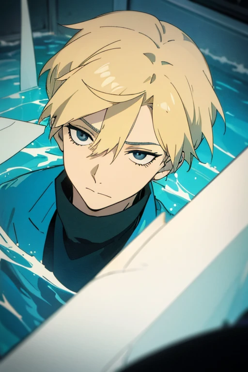 1 man with blond hair ((two long strands of hair on the sides of his face)) in the middle of the bangs, the strand is black, short hair. hair tied up in a bun behind. black eyes. big blue coat, white t-shirt, black turtleneck, black jeans, solo. sly smile, narrow eyes
Located in an aquarium full of water. Located in a cube. View from above. Shards. Water. Tile. Empty space