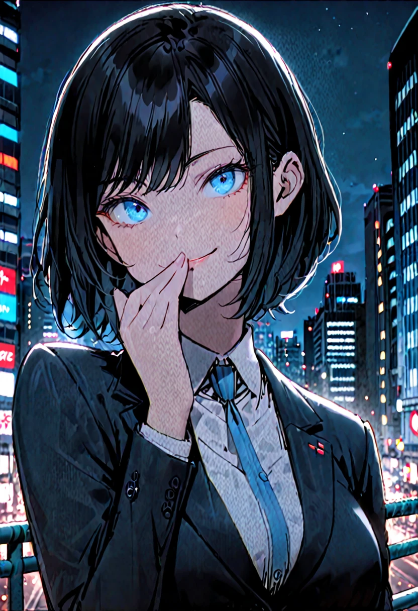 female, solo, sfw, medium shot, blue business suit, short hair, messy black hair, blue eyes, city, night, hush, smile, politician