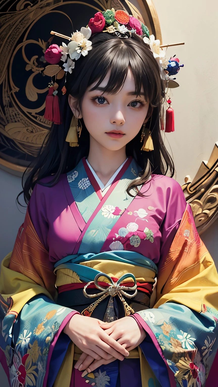 (masterpiece, highest quality, highest quality, Official Art, beautifully、aesthetic:1.2), (One girl),Fancy costumes(Gorgeous Japanese kimono(colorfulな着物(Detailed embroidery))), Very detailed,(Fractal Art),colorful,Most detailed,Mandala in the background