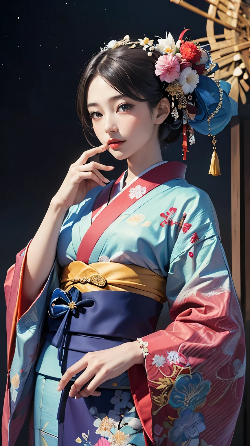 (masterpiece, highest quality, highest quality, Official Art, beautifully、aesthetic:1.2), (One girl),Fancy costumes(Gorgeous Japanese kimono(colorfulな着物(Detailed embroidery))), Very detailed,(Fractal Art),colorful,Most detailed,Mandala in the background