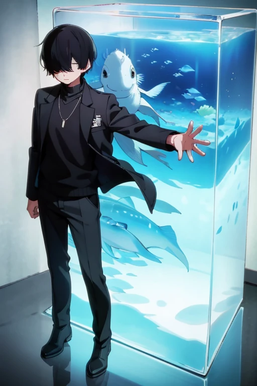 Black hair, necklace, looking at viewer, 1boy, short hair, closed mouth, hair over one eye, black shirt, grey eyes, turtleneck, jacket on the shoulders, black trousers, boots, full body
Located in an aquarium, in a cube. Water in a cube. Sand. Glass. Fish. Empty space