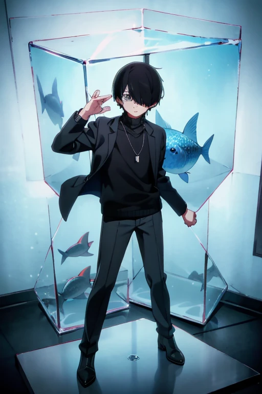 Black hair, necklace, looking at viewer, 1boy, short hair, closed mouth, hair over one eye, black shirt, grey eyes, turtleneck, jacket on the shoulders, black trousers, boots, full body

Located in an aquarium, in a cube. Water in a cube. Sand. Glass. Fish. Empty space