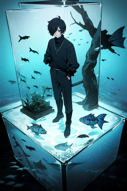 Black hair, necklace, looking at viewer, 1boy, short hair, closed mouth, hair over one eye, black shirt, grey eyes, turtleneck, jacket on the shoulders, black trousers, boots, full body

Located in an aquarium, in a cube. Water in a cube. Sand. Glass. Fish. Empty space