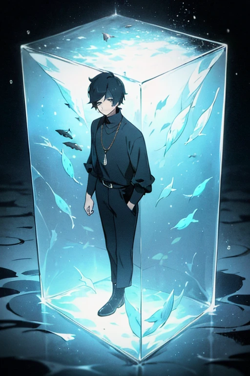 Black hair, necklace, looking at viewer, 1boy, short hair, closed mouth, hair over one eye, black shirt, grey eyes, turtleneck, jacket on the shoulders, black trousers, boots, full body

Located in an aquarium, in a cube. Water in a cube. Sand. Glass. Fish. Empty space