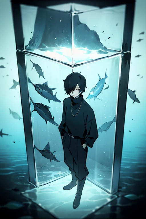 Black hair, necklace, looking at viewer, 1boy, short hair, closed mouth, hair over one eye, black shirt, grey eyes, turtleneck, jacket on the shoulders, black trousers, boots, full body

Located in an aquarium, in a cube. Water in a cube. Sand. Glass. Fish. Empty space