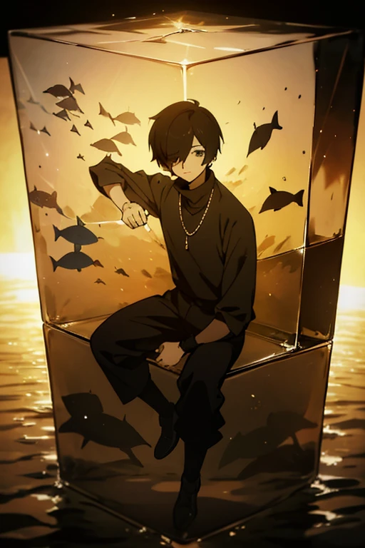 Black hair, necklace, looking at viewer, 1boy, short hair, closed mouth, hair over one eye, black shirt, grey eyes, turtleneck, jacket on the shoulders, black trousers, boots, full body

Located in an aquarium, in a cube. Water in a cube. Sand. Glass. Fish. Empty space