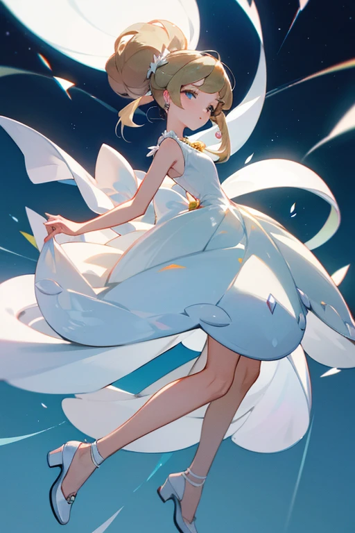 Beautiful pokémon serene in white dress, tacones blancos, unos aretes dorados