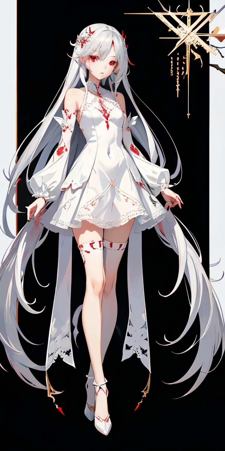 Character design, female, long silver hair, wearing a white short lace dress, red eyes, small frame, best quality, detailed, full body