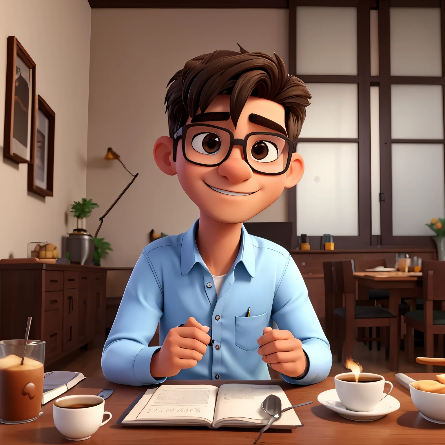 melhor qualidade, high resolution, imagem distinta, jovem, masculino, gordinho, with glasses, alto, cabelo curto e preto camisa social, suspensorio, dress pants, sapato social, sitting at the breakfast table with your cat, drinking coffee, gatos, preto, laranja e branco, roronando, em cima da mesa