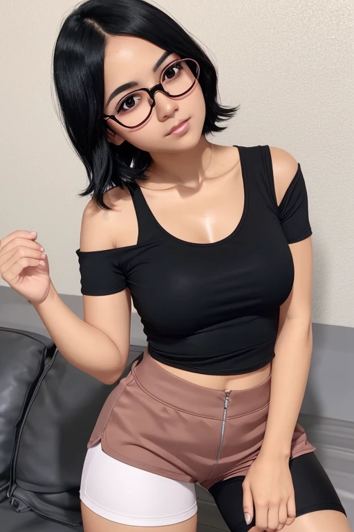 Brown eyes: 1.5, black hair, short hair at shoulder length, pure black eyes, frameless glasses (one side up: 1,2), bare shoulders, clavicle, short pink top, puffy short sleeves, very short black shorts, (((thick thighs)))