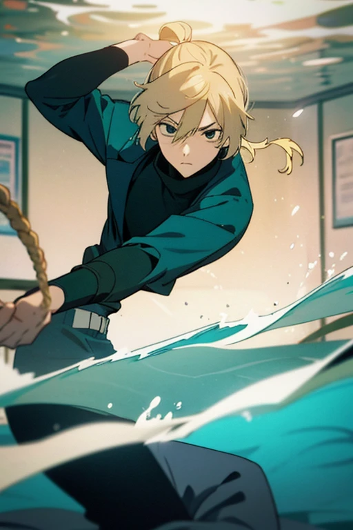 1 man with blond hair ((two long strands of hair on the sides of his face)) in the middle of the bangs, the strand is black, short hair. hair tied up in a bun behind. black eyes. big blue coat, white t-shirt, black turtleneck, black jeans, solo.
Swimming in a bank. Green water in a bank. (Empty space)