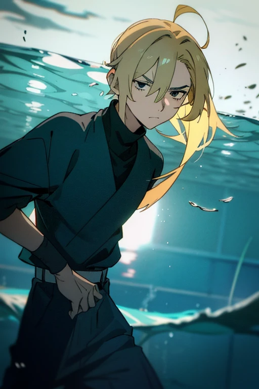 1 man with blond hair ((two long strands of hair on the sides of his face)) in the middle of the bangs, the strand is black, short hair. hair tied up in a bun behind. black eyes. big blue coat, white t-shirt, black turtleneck, black jeans, solo.
Swimming in a bank. Green water in a bank. (Empty space)