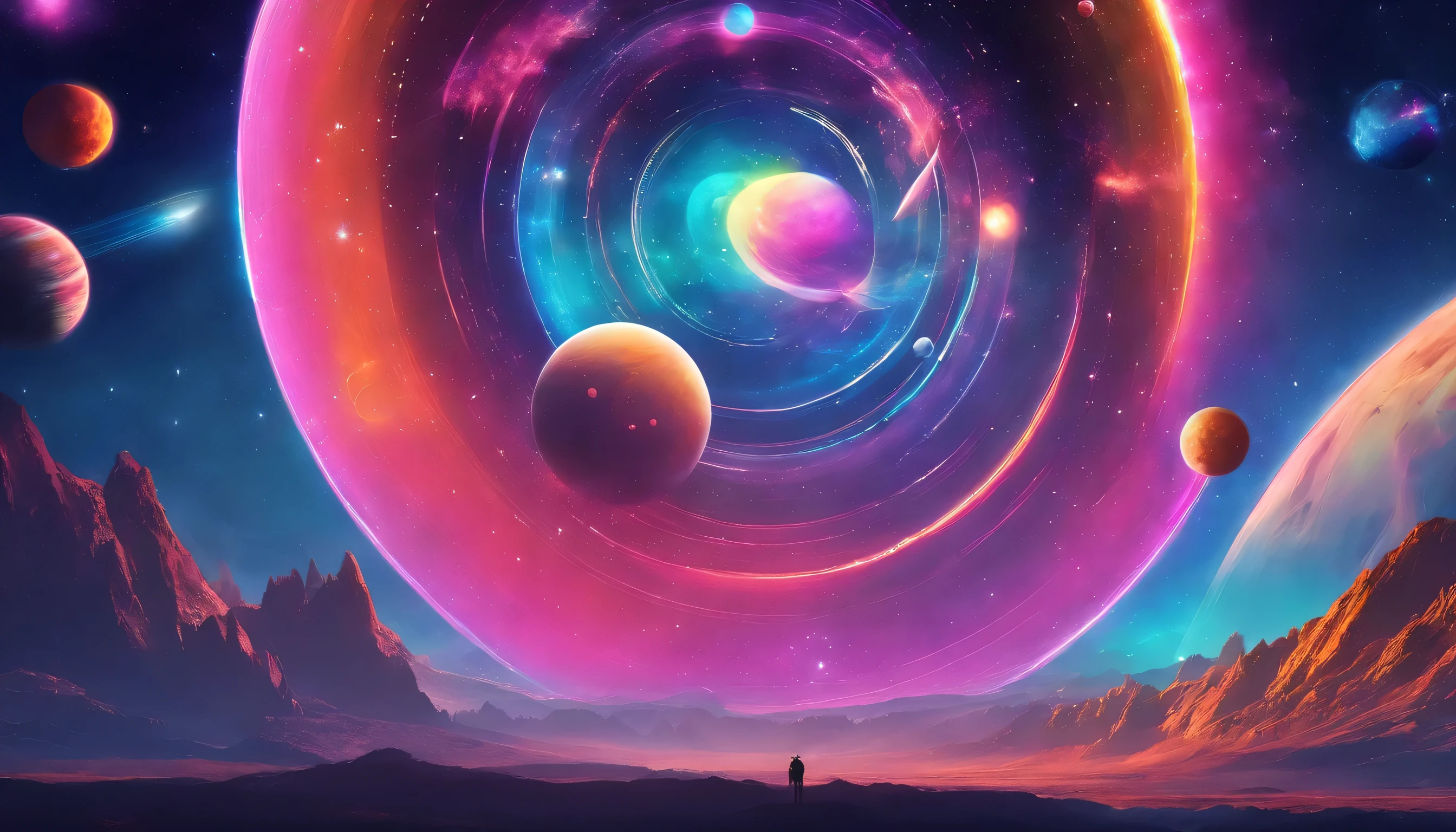 Gorgeous landscapes on an alien planet, Bright rainbow and ringed planets in the sky