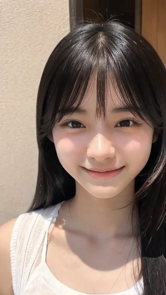 Beautiful Japanese female gymnast), cute face, (deeply carved face:0.7), (freckles:0.6), dramatic lighting, shy, (smile), (sparkling eyes), lightly dressed