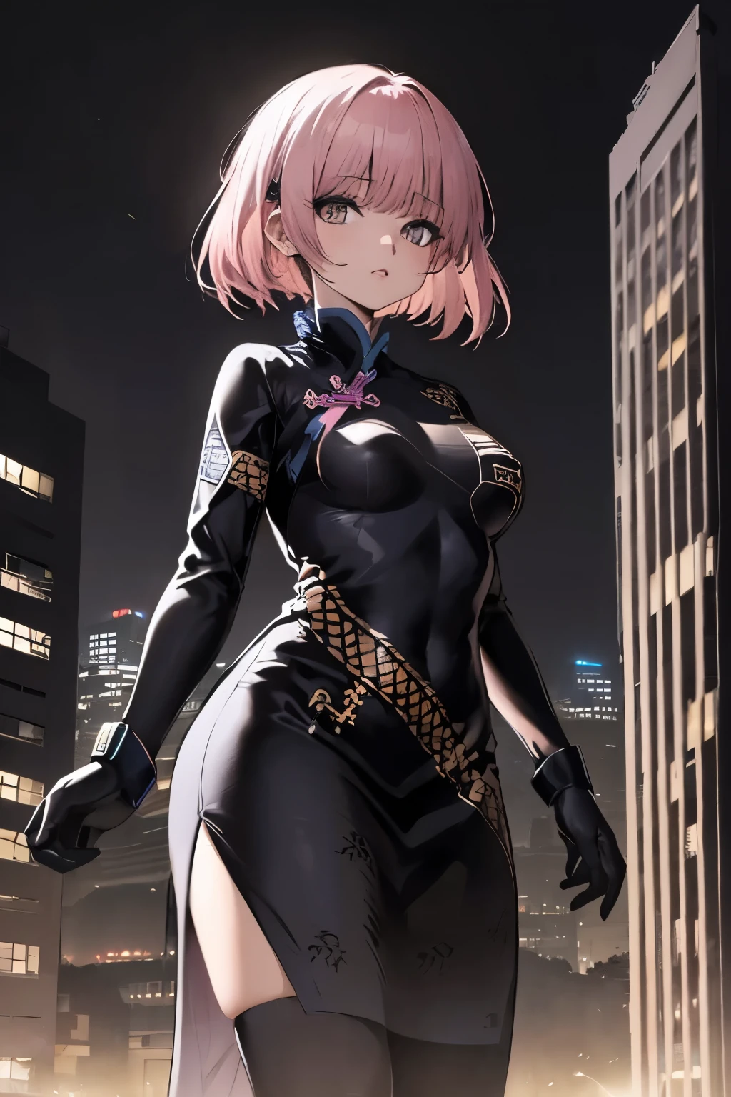 anime, (obra de arte, melhor qualidade, ultra-detalhado, alto contraste), 1 mulher (Sozinho, corpo todo, corpo plus size, standing on the edge of the skyscraper, cabelo prateado, CABELO LONGO E FLUXO, olhos vermelhos brilhantes de rubi, (qipao preto, black cybernetics with neon pink), meias pretas transparentes), (skyscraper roof, com vista para uma cidade, fundo detalhado ((night time, Darkness, low light pollution)))