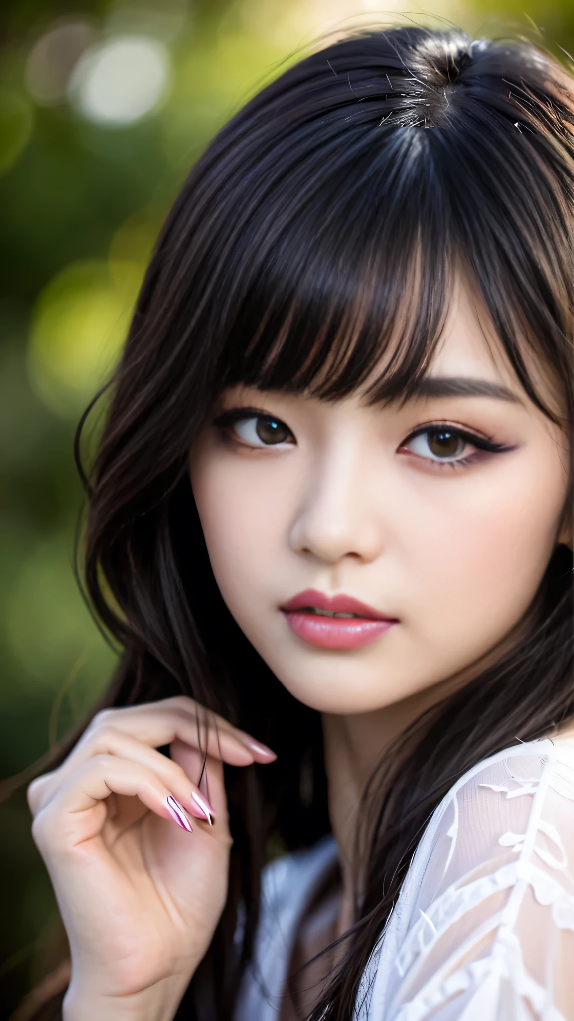 best quality、ultra-detailed、4k、Japanese、Seductive beauty、seductive adult woman、Pretty Woman、cool girl、smirk、Brown hair、wavy hair、swept bangs、dark makeup、dark makeup、piercing eyes、hollow eyes,half-closed eyes、Hollow Eyes、purple Eyeshadow、black lipstick、black lipglos、Squadron、Squadron Heroine、