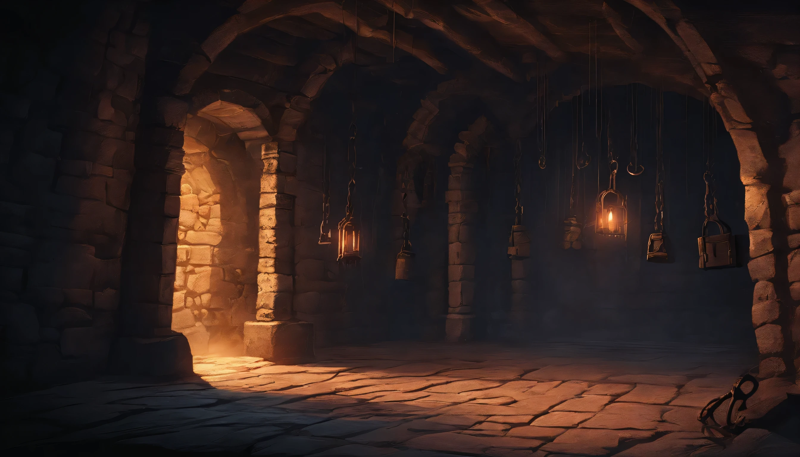 inside of a medieval dungeon cell, the dungeon cell is empty and rectangular shaped with cold stone walls and shackles, it is cold and bleak with faint cold torch light