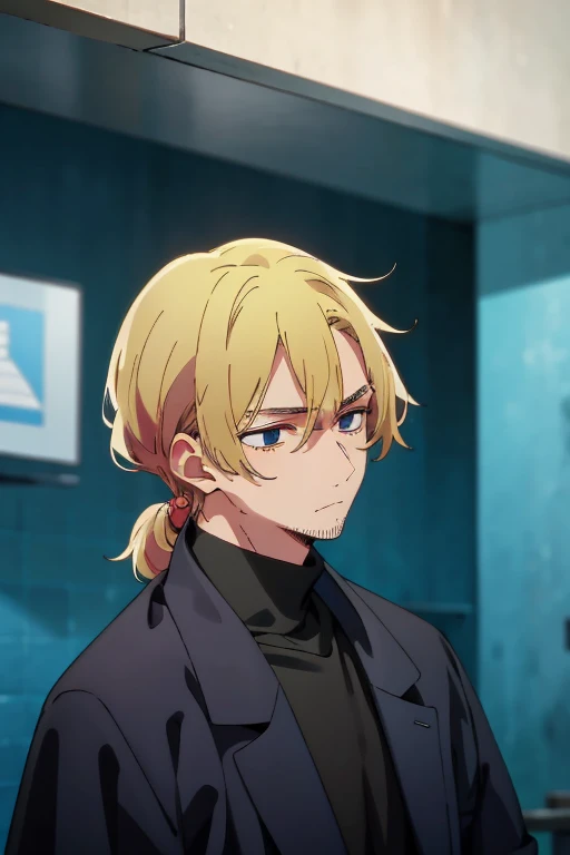 1 man with blond hair ((two long strands of hair on the sides of his face)) in the middle of the bangs, the strand is black, short hair. hair tied up in a bun behind. black eyes. big blue coat, white t-shirt, black turtleneck, black jeans, solo.
Swimming in a bank. Green water in a bank. (Empty space)