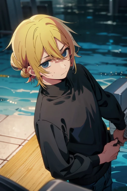1 man with blond hair ((two long strands of hair on the sides of his face)) in the middle of the bangs, the strand is black, short hair. hair tied up in a bun behind. black eyes. big blue coat, white t-shirt, black turtleneck, black jeans, solo.
Swimming in a bank. Green water in a bank. (Empty space)