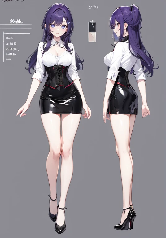 Purple hair,long hair,Adult female,(Bartender),((Rolling up your sleeves shirt)),(Corset),(Tight skirt),(high heels),((Simple background)),Smile,((Full body)),((whole body)),Character Sheet,