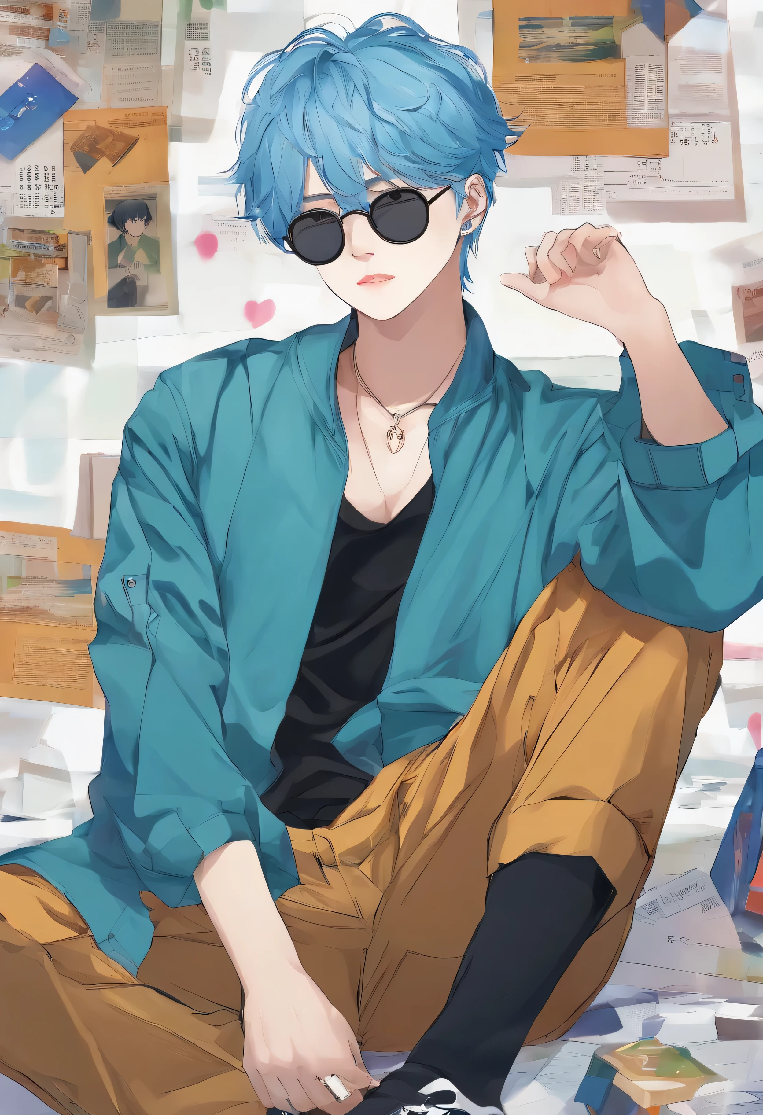 Male, blue hair, piercings, high school, rich, hot, anime, there is a man with blue hair and sunglasses posing for a picture, blue haired yoongi, 2 b, 2b, he wears black round sunglasses, as a character in tekken, badass pose, handsome anime pose, inspired by Jang Seung-eop, with teal clothes, wearing an Black round glasses, park jimin, jk uniform, jungkook, mechanic punk outfit