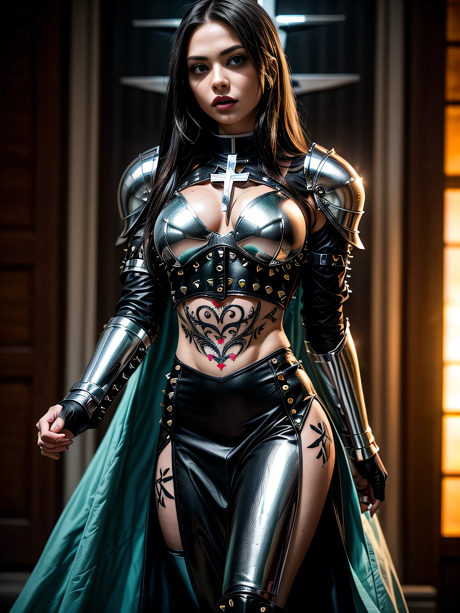 ((best quality: 1.5)) ((masterpiece)), intricate details, sharp focus, professional, photorealistic, real life, realistic representation of the face, ((((solo, 1girl) muscular assin, (intense expression, metallic lipstick, ([flat chest:medium bre8]))))) bright glow, dynamic pose, beautiful face, ((film grain, blurry background, blurry foreground, bokeh, depth of field, sunset, interactiofield, plains, tall grass, solo, BREAK; BREAK (((long black straight hair, blackout gothic eyeshadow))), (freckles: 0.9), (((body tattoo: 1.2))), ((fujicolor)), BREAK; BREAK ((((medieval paladin, (carbonfiber seafoam armor:1.7, closeup breastplate, ((cleric symbol, chrome rivets)))), photorealistic, hyper-realistic)))