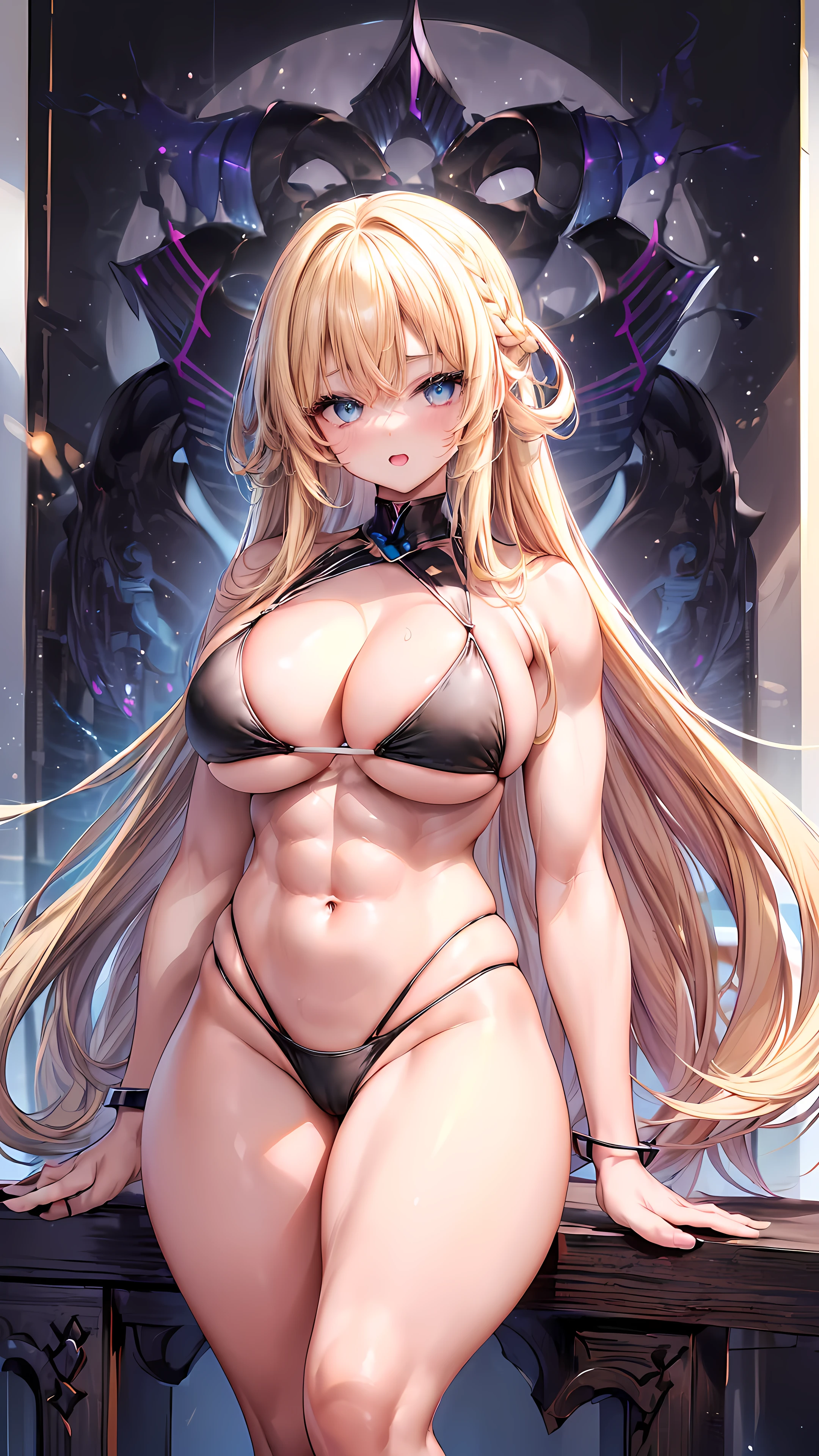 Very detailed、highest quality、Best image quality、masterpiece、8k、Anime Face、A kind smile、(Open your mouth:1.3)、Sparkling blue eyes、(Blonde semi-long hair:1.5)、(Muscles of the whole body:1.3)、(High leg:2.0)、Thigh belt、(Black high-cut bikini:1.5)、(Upper body photo:1.5)、(SFW Giant)、(Thick body:1.2)