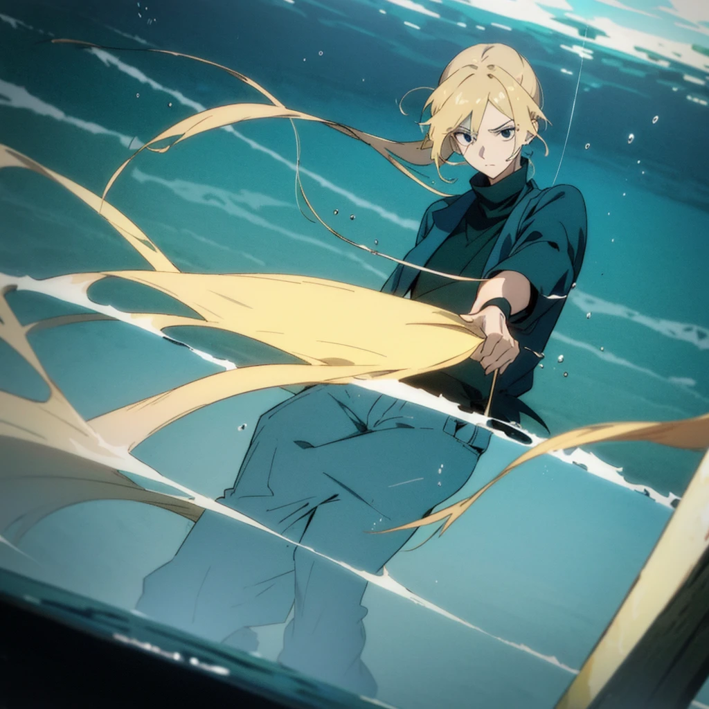 1 man with blond hair ((two long strands of hair on the sides of his face)) in the middle of the bangs, the strand is black, short hair. hair tied up in a bun behind. black eyes. big blue coat, white t-shirt, black turtleneck, black jeans, solo.
Swimming in a bank. Green water in a bank. (Empty space)