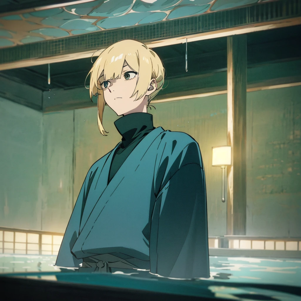 1 man with blond hair ((two long strands of hair on the sides of his face)) in the middle of the bangs, the strand is black, short hair. hair tied up in a bun behind. black eyes. big blue coat, white t-shirt, black turtleneck, black jeans, solo.
Swimming in a bank. Green water in a bank. (Empty space)