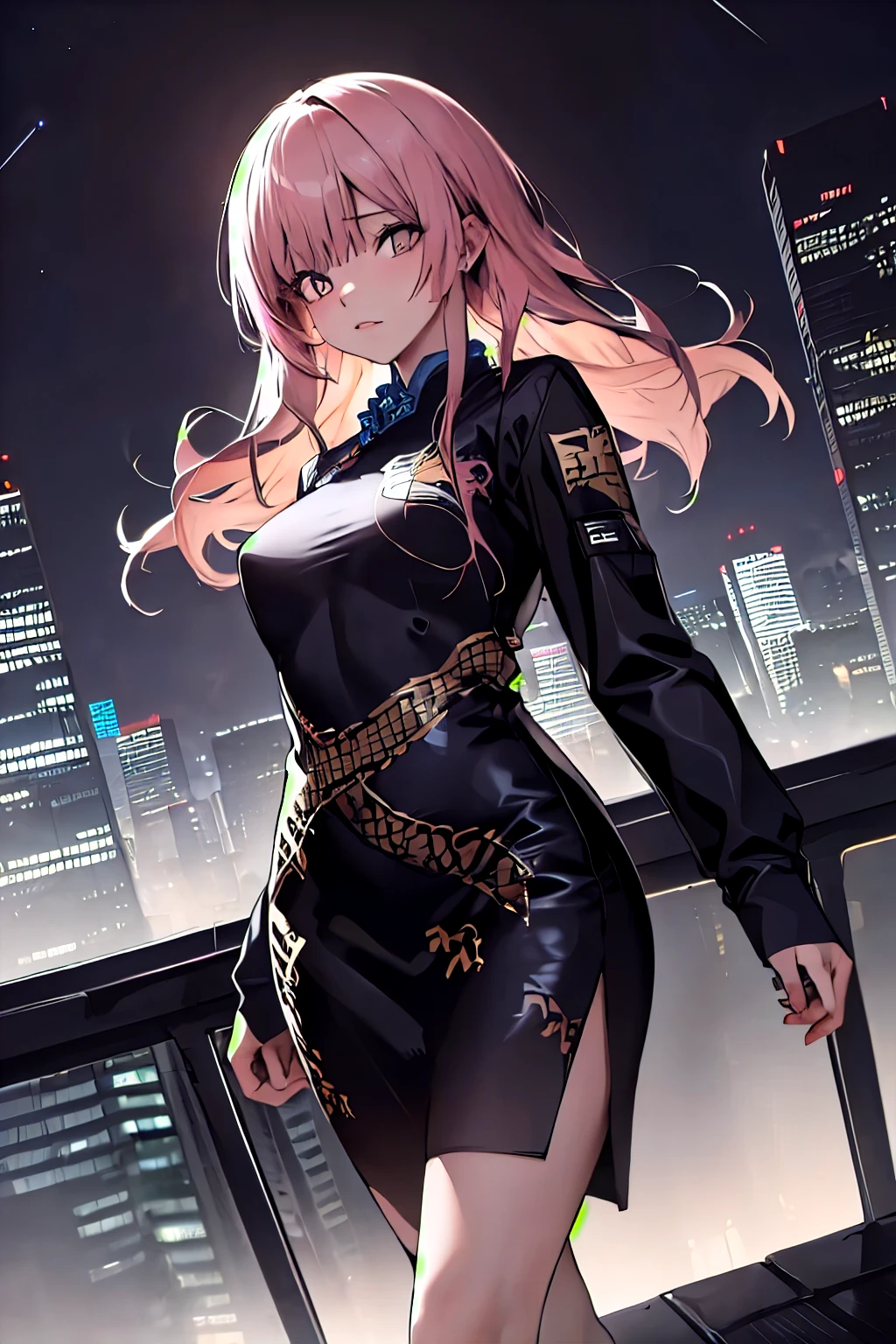 anime, (obra de arte, melhor qualidade, ultra-detalhado, alto contraste), 1 mulher (Sozinho, corpo todo, corpo plus size, standing on the edge of the skyscraper, cabelo prateado, LONGO Em um rabo de cavalo, olhos vermelhos brilhantes de rubi, (qipao preto, black cybernetics with neon pink), meias pretas transparentes), (skyscraper roof, com vista para uma cidade, fundo detalhado ((night time, Darkness, low light pollution)))