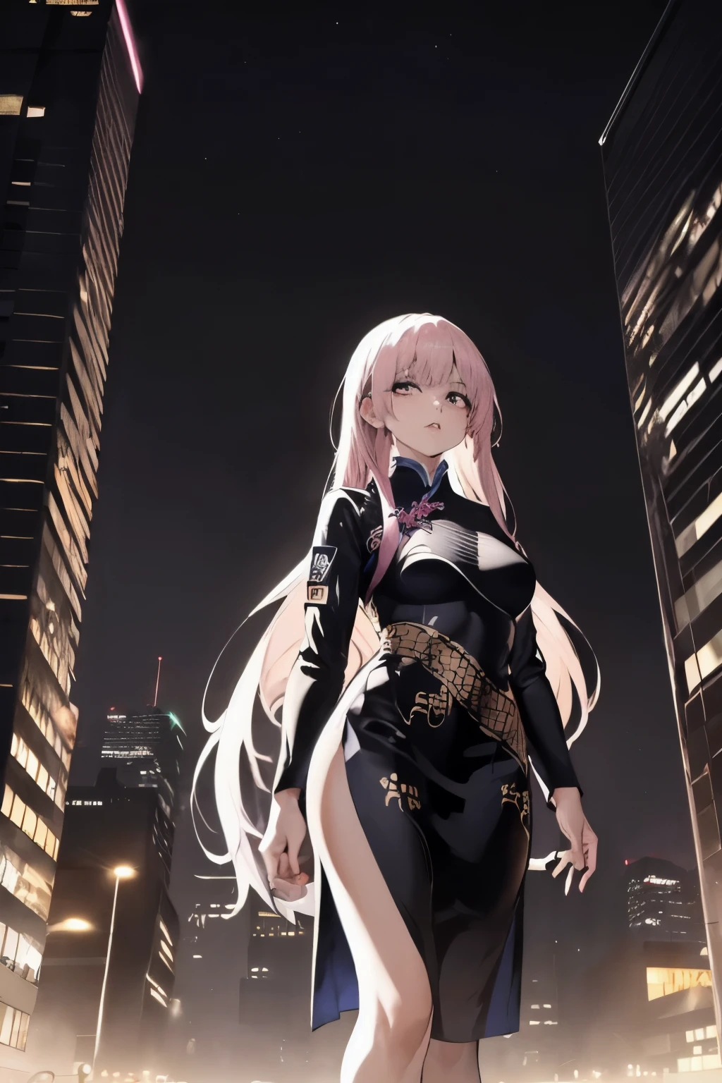 anime, (obra de arte, melhor qualidade, ultra-detalhado, alto contraste), 1 mulher (Sozinho, corpo todo, corpo plus size, standing on the edge of the skyscraper, cabelo prateado, LONGO Em um rabo de cavalo, olhos vermelhos brilhantes de rubi, (qipao preto, black cybernetics with neon pink), meias pretas transparentes), (skyscraper roof, com vista para uma cidade, fundo detalhado ((night time, Darkness, low light pollution)))