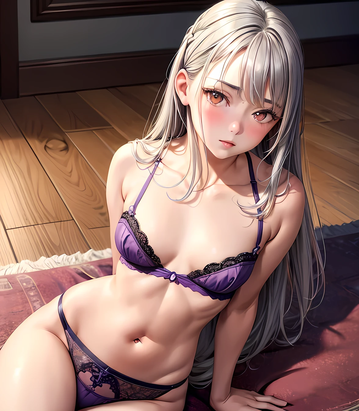 masterpiece, best quality, high detail, 1 girl, gray hair, orange eyes, purple lingerie, bedroom, sitting on floor, stomach, worried, laminate flooring, up close, realistic, blush, small bust, from above, cute