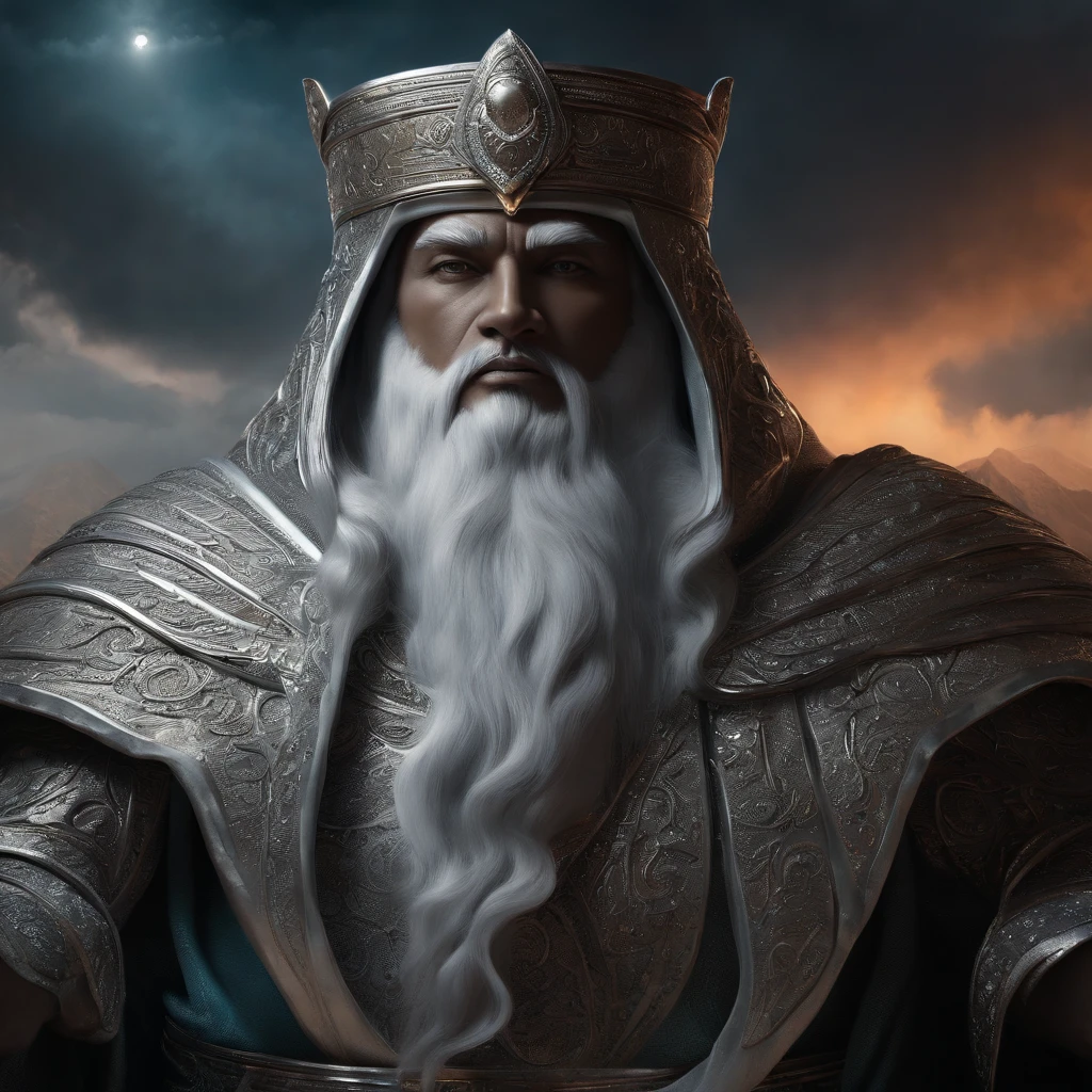 A representation of the Guardian of the mountain, wrapped in his silver robe, with eyes shining with ancient wisdom.