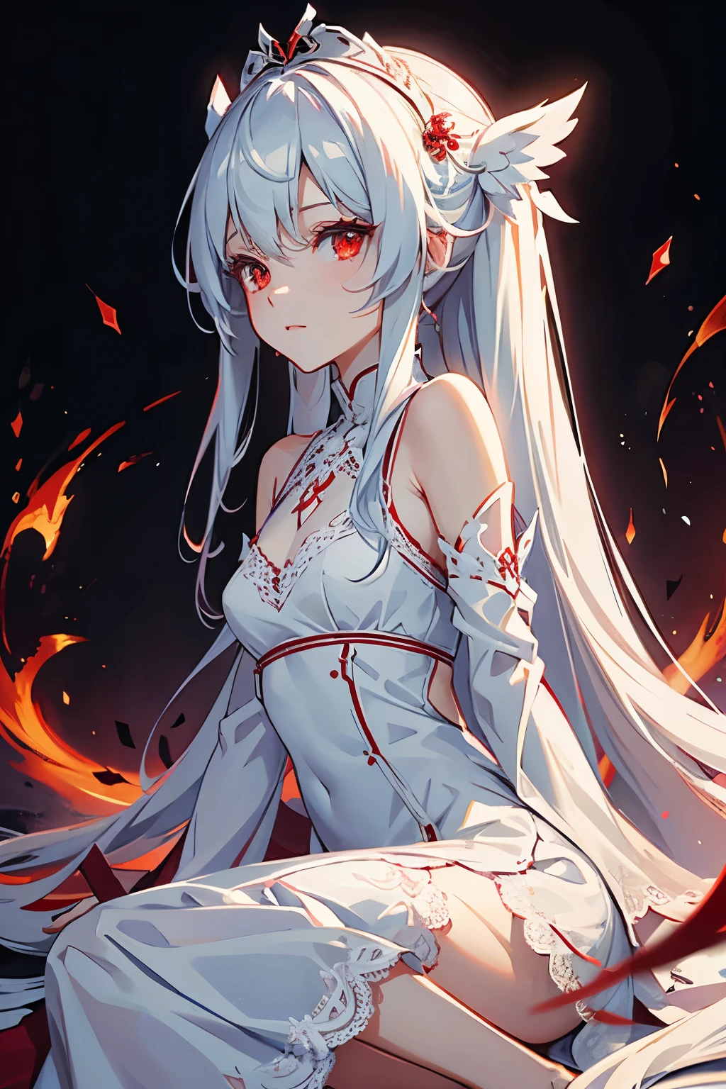 Character design, female, long silvee hair, wearing a white lace dress, red eyes, small frame, detailed, best quality