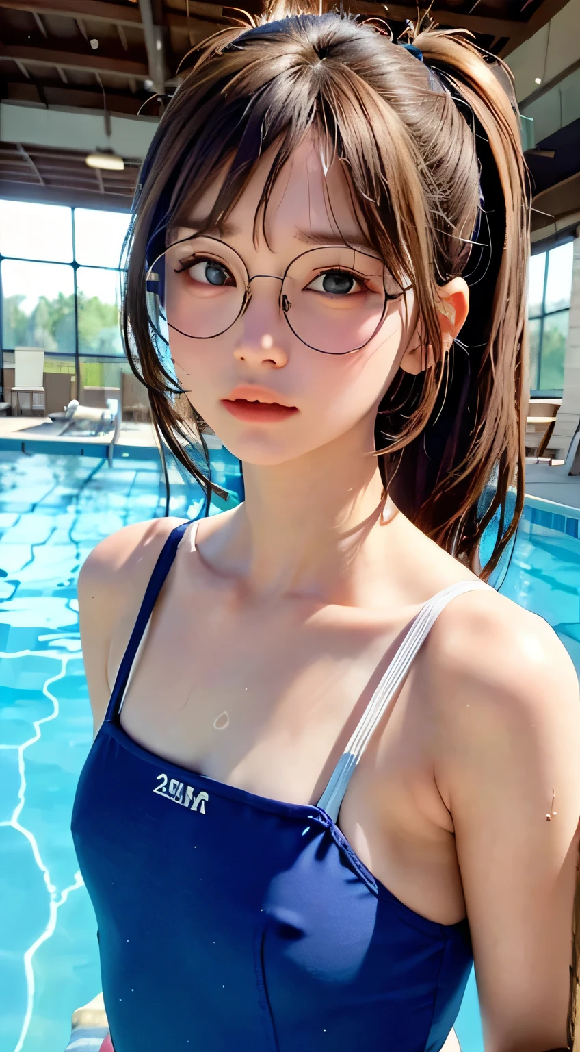 highest quality, RAW Photos, Realistic, face, Incredibly beautiful girl, cute, Long Hair,ponytail，Glasses，Written boundary depth, High resolution, Super detailed, detailed, Very detaileded, extremely detaileded eye and face, Sharp pupils, Realistic students, Sharp focus, Cinema Lighting, Japanese, Short women,  Physical build, Short arms, Long, narrow eyes, Fleeting atmosphere, 30 years old, Brown bob hair, ((thin lips)), White top and bottom underwear, Masterpiece, highest quality, Detailed skin, Detailed face, Fine grain, 8k, Excellent anatomy, Upper body portrait，flat breasts, small breasts, small,( small bust: 1.2), small bust, (slim, small, flat, small), thin, Delicate and sexy collarbone, One Girl, (Beautiful girl, Delicate girl:1.3), ( years old:1.3),
break, (One piece swimsuit, Swimsuit:1.2),
break, (Pool:1.3),
break, Very beautiful eyes, (Symmetrical eyes:1.3),
break, , Brown eyes, Parted bangs, Brown Hair, (Upper teeth, The best smile:0.2),
break, (Eyes and face detail:1.0),
break, (masterpiece, highest quality, Super detailed, Detailed face, 8k)