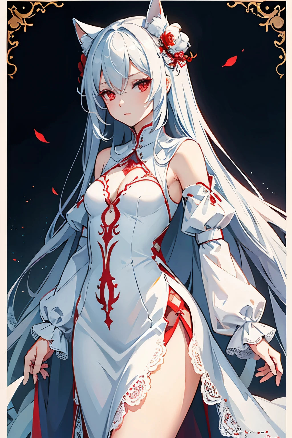 Character design, female, long silvee hair, wearing a white lace dress, red eyes, small frame, detailed, best quality