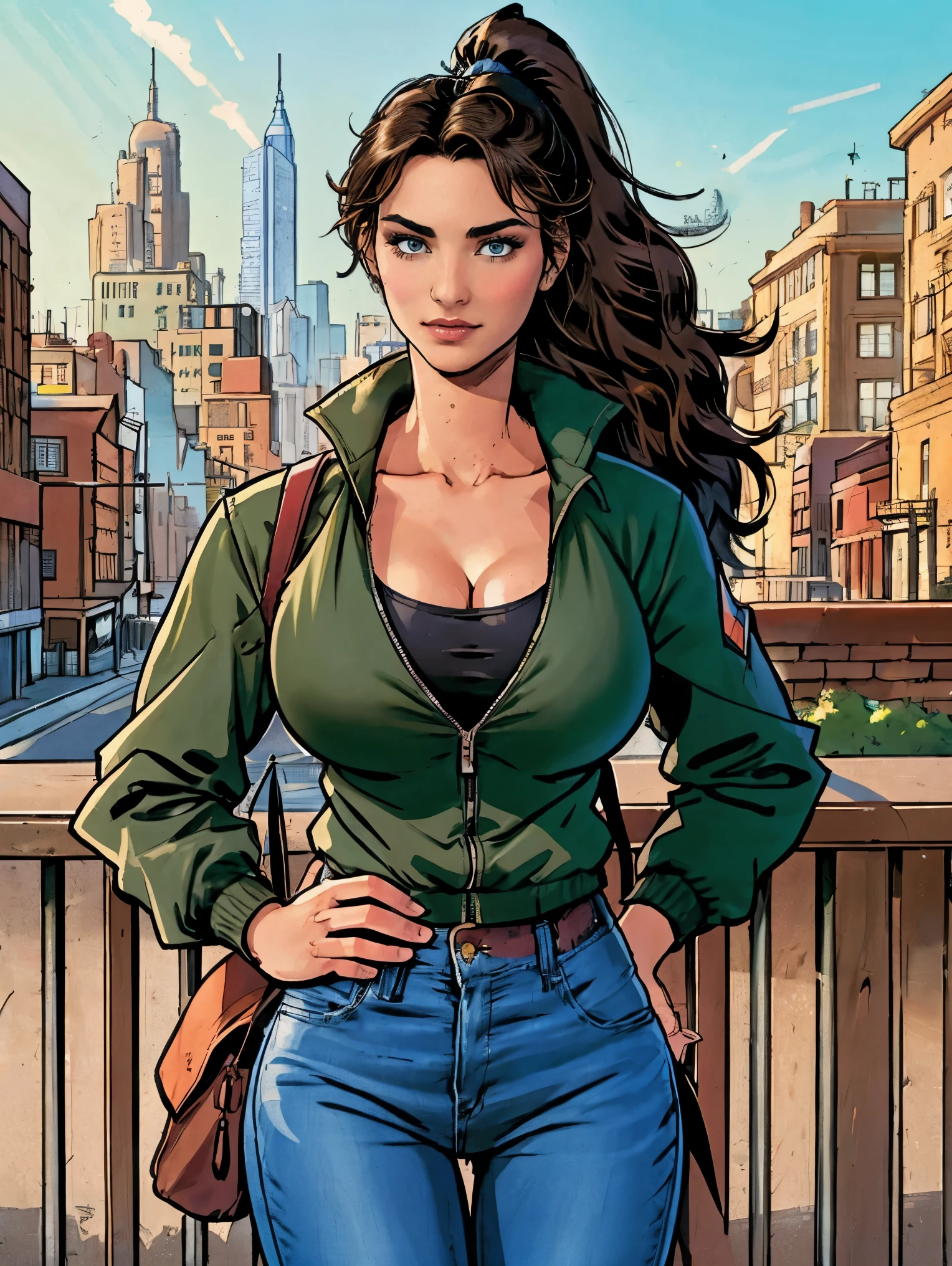 (masterpiece, top quality, best quality, official art, beautiful and aesthetic:1.2), (1girl:1.3), dark brown hair pulled back, elegant updo, extremely detailed, portrait, looking at viewer, facing viewer, solo, (full body:0.6), detailed background, close up, kindly eyes, (warm summer park theme:1.1), busty woman, charlatan, smirk, mysterious, long hair, huge ponytail, slim, thin, athletic, womanly, elastic woman, dark green jacket, tank top, blue jeans, hair bandana, camera bag, brunette, city, heroic, cheerful, city exterior, park, street, daylight, soft lighting, natural lighting, athletic, strong, slim waist, slim hips, long legs, muscular legs, modern (city park exterior:1.1) background, bright mysterious lighting, shadows, magical atmosphere, dutch angle,