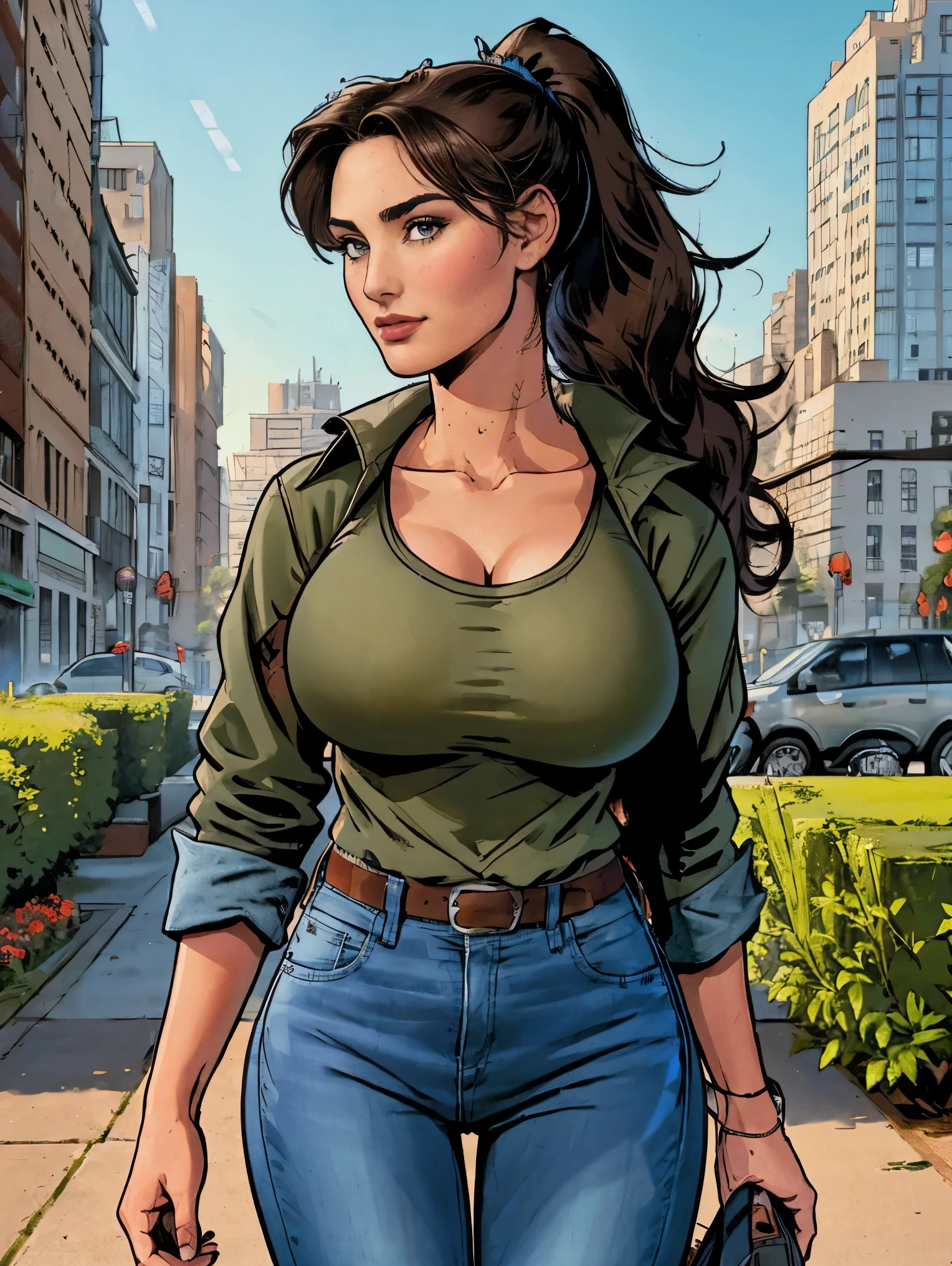 (masterpiece, top quality, best quality, official art, beautiful and aesthetic:1.2), (1girl:1.3), dark brown hair pulled back, elegant updo, extremely detailed, portrait, looking at viewer, facing viewer, solo, (full body:0.6), detailed background, close up, kindly eyes, (warm summer park theme:1.1), busty woman, charlatan, smirk, mysterious, long hair, huge ponytail, slim, thin, athletic, womanly, elastic woman, dark green jacket, tank top, blue jeans, hair bandana, camera bag, brunette, city, heroic, cheerful, city exterior, park, street, daylight, soft lighting, natural lighting, athletic, strong, slim waist, slim hips, long legs, muscular legs, modern (city park exterior:1.1) background, bright mysterious lighting, shadows, magical atmosphere, dutch angle, 