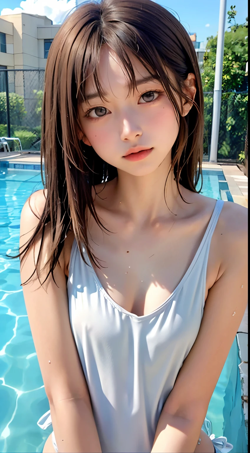 highest quality, RAW Photos, Realistic, face, Incredibly beautiful girl, cute, Long Hair,Written boundary depth, High resolution, 超detailed, detailed, Very detaileded, extremely detaileded eye and face, Sharp pupils, Realistic students, Sharp focus, Cinema Lighting, Japanese, Short women,  Physical build, Short arms, Long, narrow eyes, Fleeting atmosphere, 15 years old, Brown bob hair, ((thin唇)), White top and bottom underwear, Masterpiece, highest quality, detailedな肌, detailedなface, Fine grain, 8k, Excellent anatomy, Upper body portrait，flat breasts, small breasts, small,( small bust: 1.2), small bust, (slim, small, flat, small), thin, Delicate and sexy collarbone, One Girl, (Beautiful girl, Delicate girl:1.3), (15 years old:1.3),
break, (One piece swimsuit, Swimsuit:1.2),
break, (Pool:1.3),Wet，Shiny，
break, Very beautiful eyes, (Symmetrical eyes:1.3),
break, small胸, Brown eyes, Parted bangs, Brown Hair, (Upper teeth, 最高の笑face:0.2),
break, (目とfaceの細部まで:1.0),
break, (masterpiece, highest quality, 超detailed, detailedなface, 8k)