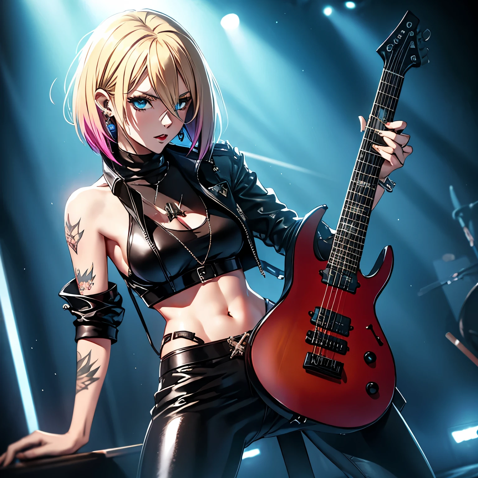 realistic:1.2, Rocker girl wearing a leather jacket,slim body shape、Normal bust size、 highly realistic photograph, fullbody、, 1 electric guitar, clothes with spikes,white tank top、Navel exposed、leather pants、tattoo,earrings dark lipstick, blue eyes,spiky blonde and partially shaved hair, beautiful and perfect legs, confident look, punk style dynamic lighting, Bright colors, ant alexa 65, 50MM lens