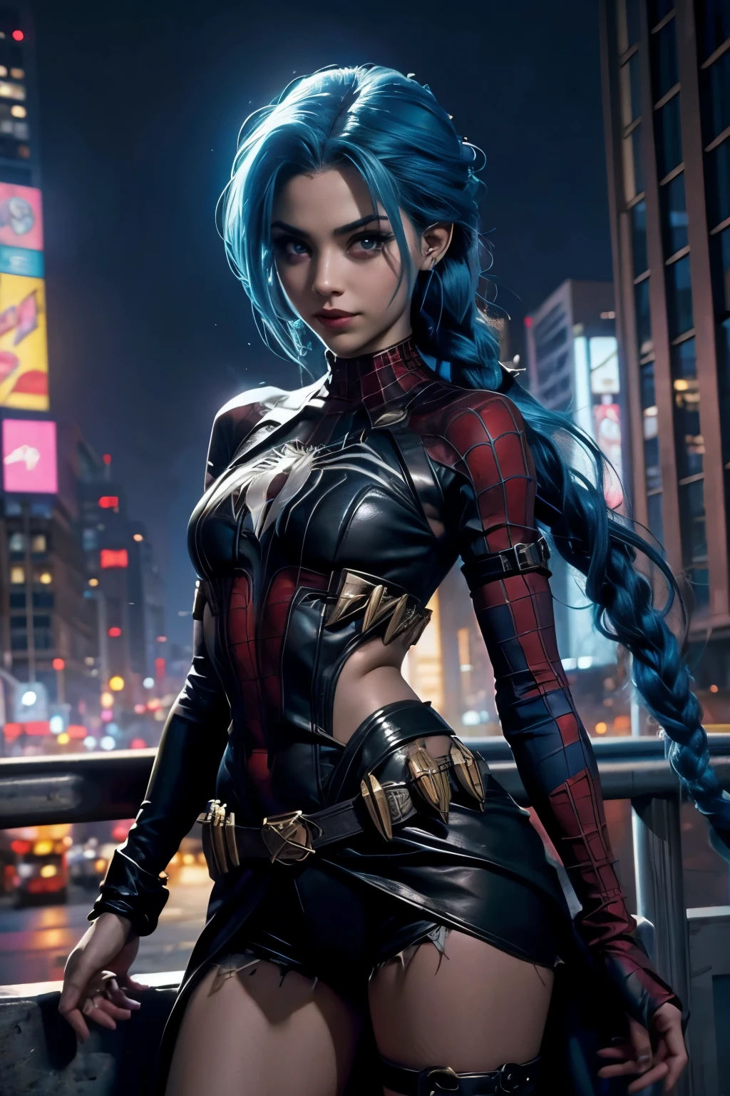Jinx con pelo celeste, vestida de spider man. Super heroina. Ciudad de noche metropolis