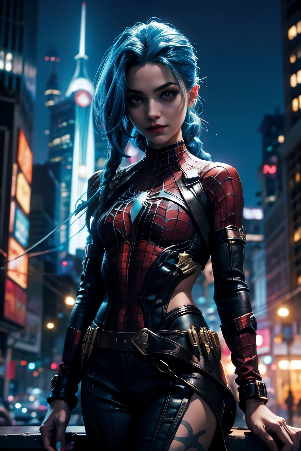 Jinx con pelo celeste, vestida de spider man. Super heroina. Ciudad de noche metropolis