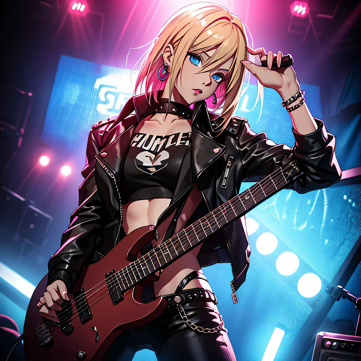 realistic:1.2, Rocker girl wearing a leather jacket,slim body shape、Normal bust size、 highly realistic photograph, fullbody、, 1 electric guitar, clothes with spikes,white tank top、Navel exposed、leather pants、tattoo,earrings dark lipstick, blue eyes,spiky blonde and partially shaved hair, beautiful and perfect legs, confident look, punk style  dynamic lighting, Bright colors, ant alexa 65, 50MM lens