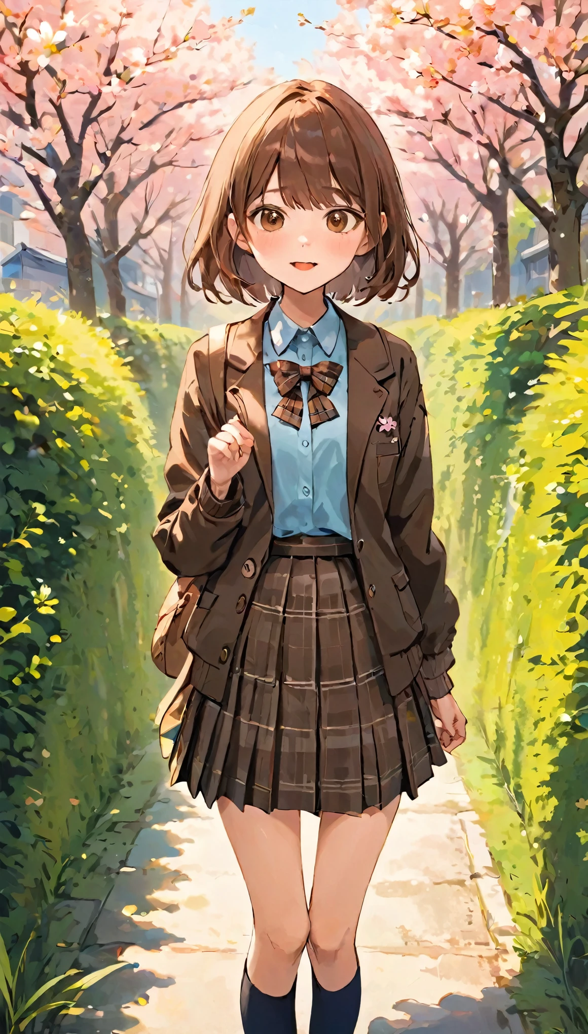 highest quality,Tabletop,Anime Style,Perfect Anatomy,solo,Skirt, bag, Outdoor, Jacket, Are standing, socks, shoes, Looking at the audience, Brown footwear, , Plaid, loafers, blazer, Brown haired, Plaidスカート, 黒いshoes下, Long sleeve, Bans, Open your clothes, オープンJacket, bow, Brown eyes, Pleated skirt, A bow tie, Tag, Hair length, Whole Body Ezbian, Bush, 赤いbow, knee height, shirt, Mouth closed, Sleeves are longer than the wrist, rucksack, put your hand on your face, 赤いA bow tie, 黒いJacket, スクールbag, blush, plant, Brown Skirt, Put your hand on your cheek, Blurred, From the side, Raise your hands, Look to the side, 襟付きshirt, mini skirt, 白のshirt, cardigan, Grass is overgrown, sweater, A light smile,Long Shot, (Low angle), (top down), Realistic scale,Significant shrinkage:1.5、Photo Real、Super Detail, Realistic, Ultra-realistic, Realistic rendering,Outdoor,Sakura Blooming Street,Professional Photographer