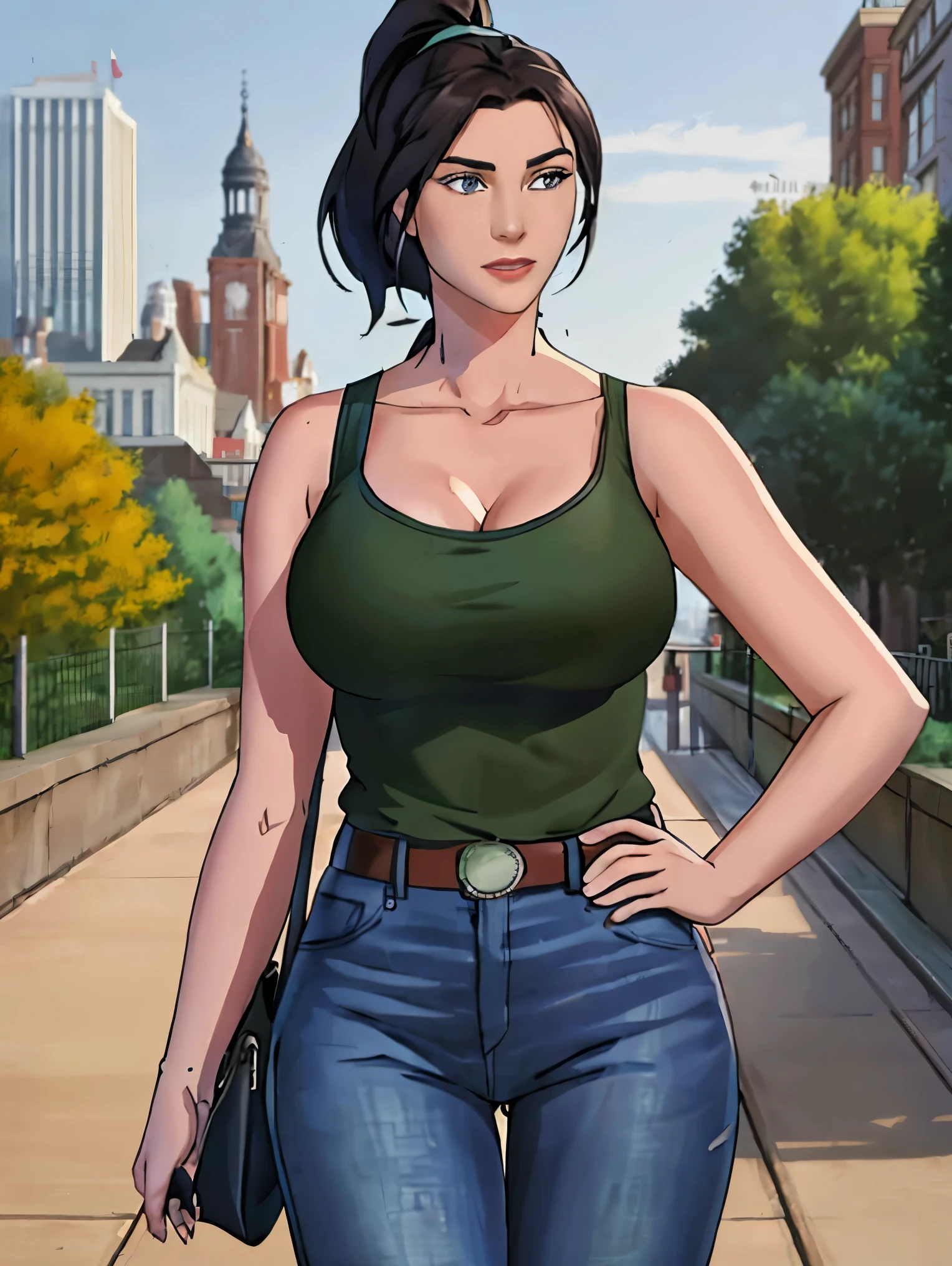 (masterpiece, top quality, best quality, official art, beautiful and aesthetic:1.2), (1girl:1.3), dark brown hair pulled back, elegant updo, extremely detailed, portrait, looking at viewer, facing viewer, solo, (full body:0.6), detailed background, close up, kindly eyes, (warm summer park theme:1.1), busty woman, charlatan, smirk, mysterious, long hair, huge ponytail, slim, thin, athletic, womanly, elastic woman, dark green jacket, tank top, blue jeans, hair bandana, camera bag, brunette, city, heroic, cheerful, city exterior, park, street, daylight, soft lighting, natural lighting, athletic, strong, slim waist, slim hips, long legs, muscular legs, modern (city park exterior:1.1) background, bright mysterious lighting, shadows, magical atmosphere, dutch angle,